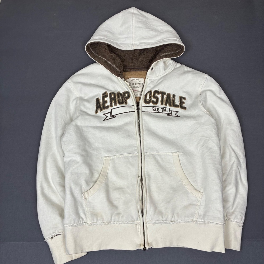 Y2K Aeropostale White Sherpa Fur Lined Full Zip Hoodie Men's Size Large